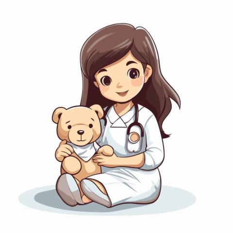 Cute little girl playing doctor with teddy bear. Vector illustra