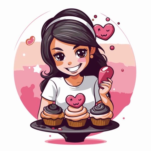 Cute girl with cupcakes. Vector illustration of a cartoon girl.