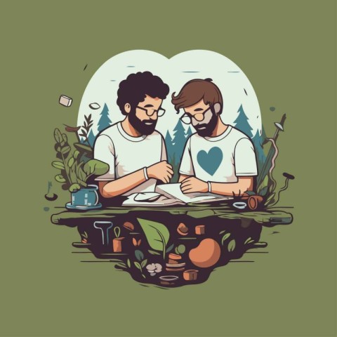 Vector illustration of two men in love sitting at the table and