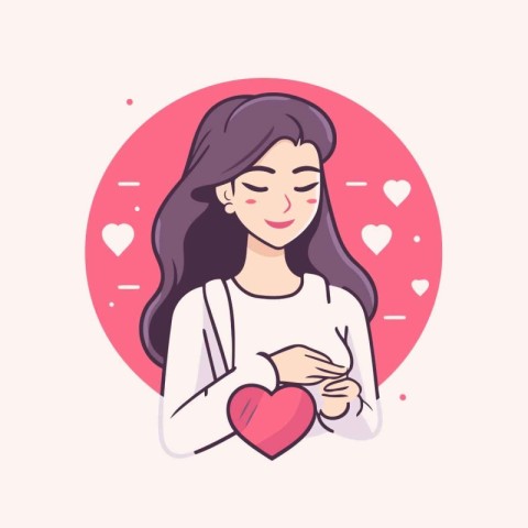 Young woman holding a heart. Vector illustration in a flat style