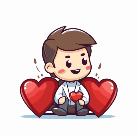 Boy with heart and love. Cute cartoon character vector illustrat