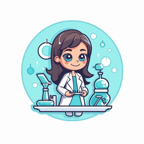 Cute little girl in lab coat holding test tube. Vector illustrat