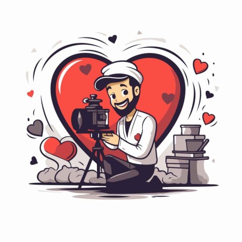 Cameraman with camera and heart. Vector illustration in cartoon