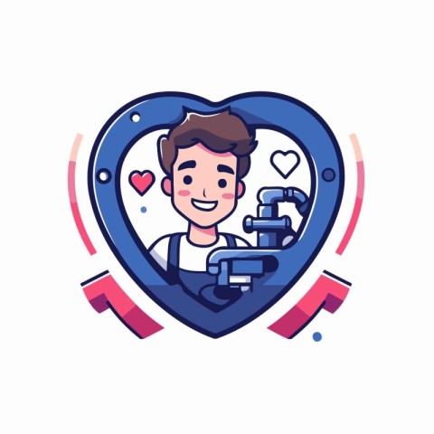 Boy playing video games in heart-shaped shield. Cartoon vector i