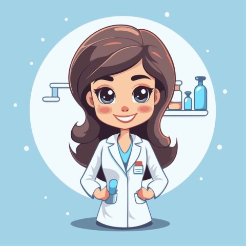 Cute girl cosmetologist in white coat. Vector illustration.