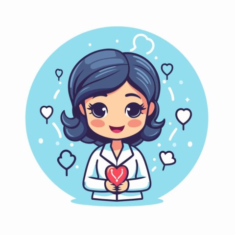 Cute cartoon girl holding a heart in her hands. Vector illustrat