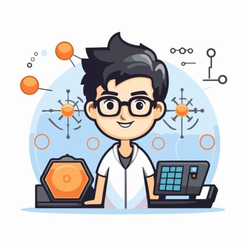 Young scientist with laptop. Vector illustration in a flat style