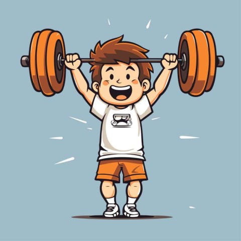 Cartoon little boy lifting a barbell. Vector illustration in car