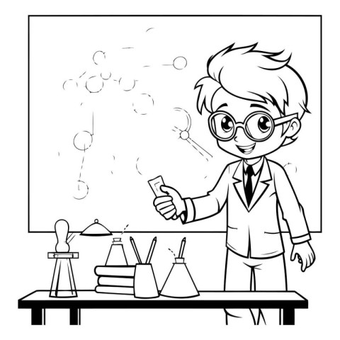 Black and White Cartoon Illustration of a Scientist or Professor