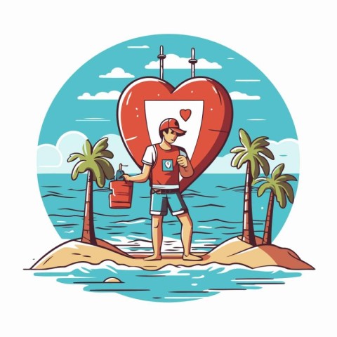 Valentine's day vector illustration. Man on the beach with a box