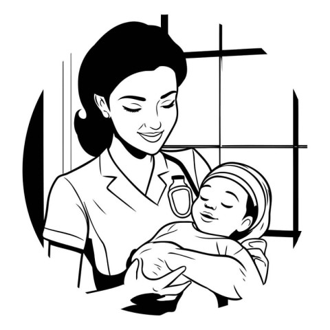 Mother holding a baby. Black and white illustration of a mother