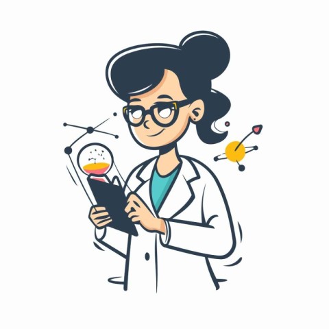 Scientist woman holding test tube and flask. Vector illustration