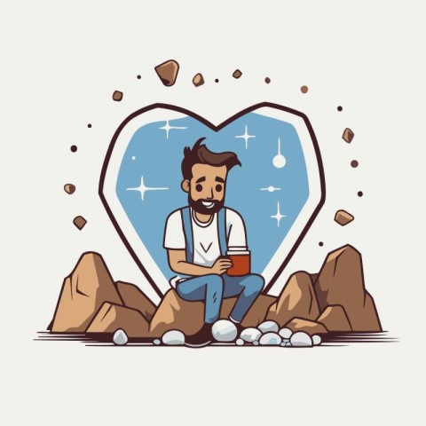 Hipster man drinking coffee in the mountains. Vector illustratio