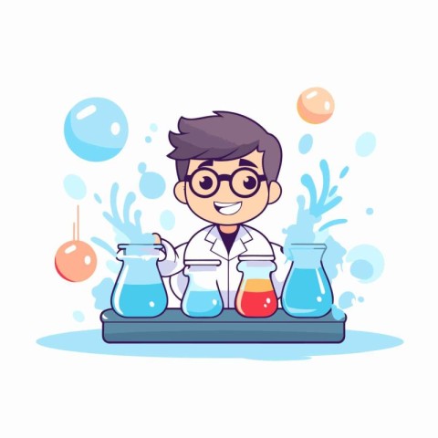 Scientist boy with chemical flasks. Vector illustration in carto