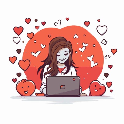 Girl with laptop and hearts around. Vector illustration in carto