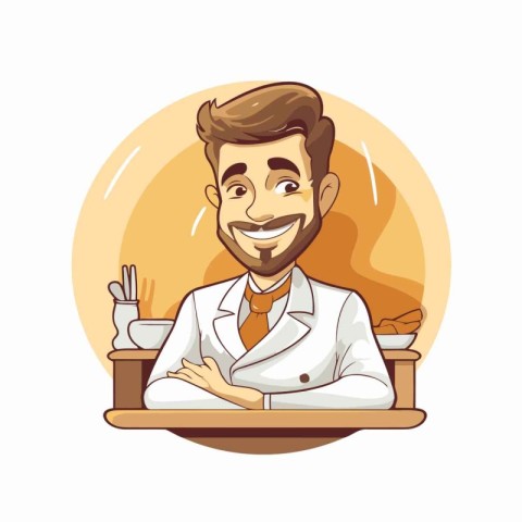 Vector illustration of a smiling male doctor in a white coat sit