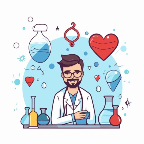 Vector illustration of a doctor with a stethoscope and a cup of