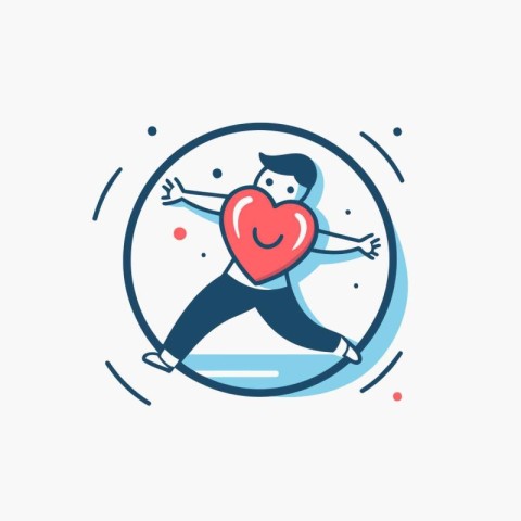 Vector illustration of happy man running with heart in hands. St