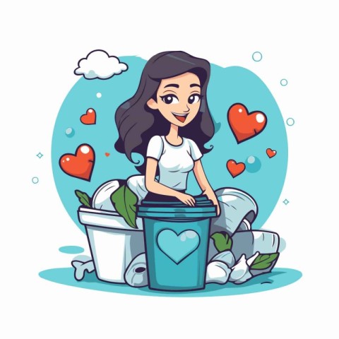 Girl with trash bin and hearts. Vector illustration in cartoon s