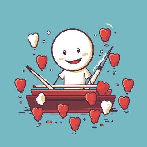 cute cartoon boy playing in a wooden boat with red hearts around