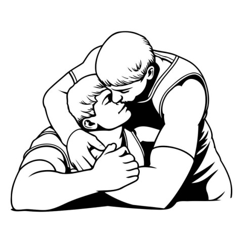 Father and son hugging and kissing. black and white vector illus