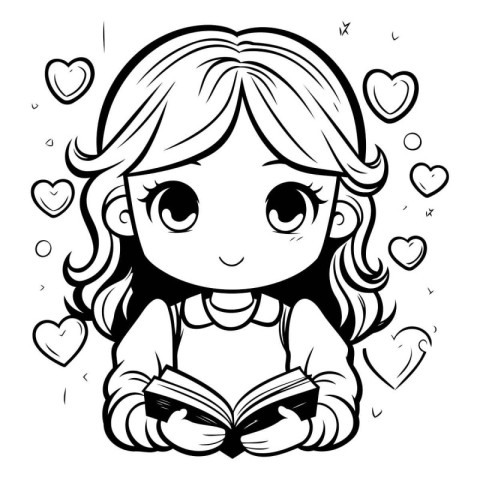 Cute Cartoon Girl Reading a Book - Black and White Vector Illust