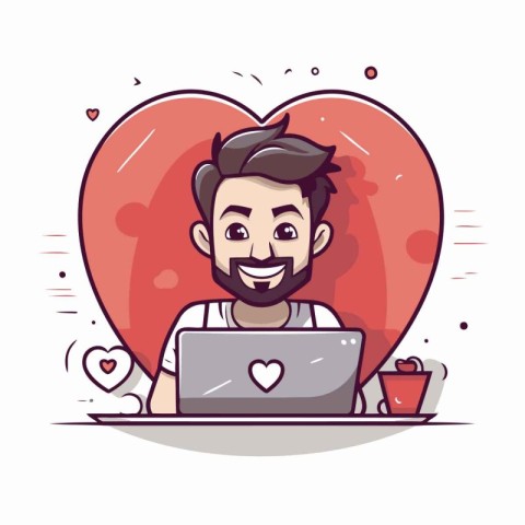 Cute cartoon man with laptop in heart shape. Vector illustration