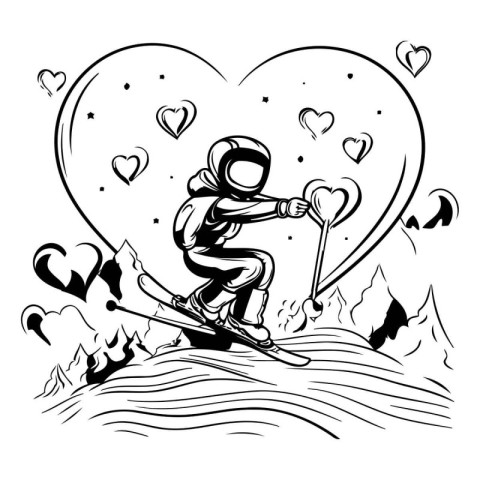 Skiing man in the mountains with hearts. Vector illustration.