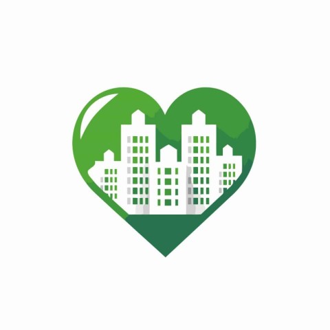 City and heart icon in flat color style. City buildings urban ar