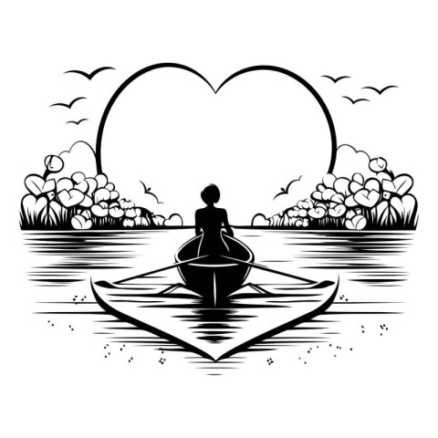 Vector illustration of a man in a boat on a lake with a heart-sh