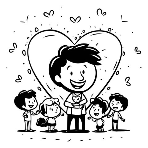 Illustration of Stickman Kids and Father with Heart Shape Behind