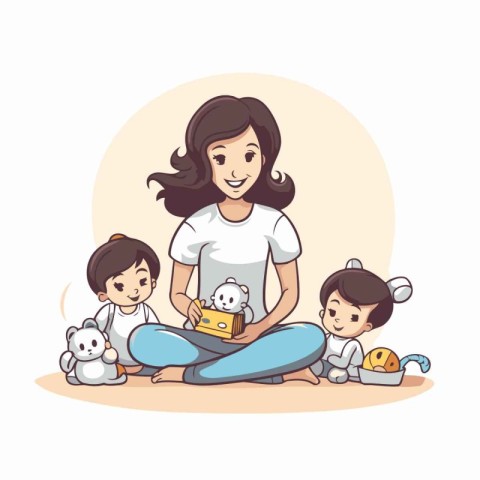 Mother and children playing with toys. Vector illustration in ca