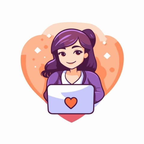 Girl with laptop in heart shape. Vector illustration in cartoon