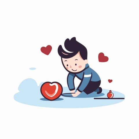 Cute little boy playing with a red heart. Vector illustration.