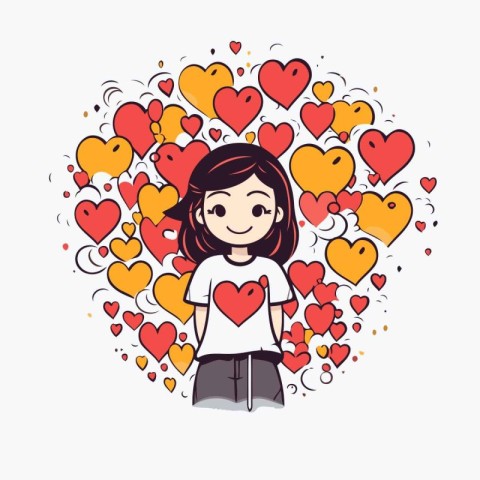 Cute little girl with hearts in the shape of a heart. Vector ill