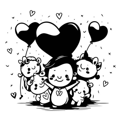 Cute family in love with balloons. Vector illustration. Black an