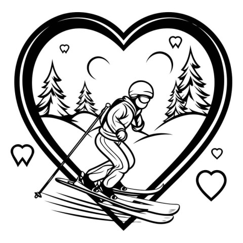 Skiing in the shape of a heart. Vector illustration.