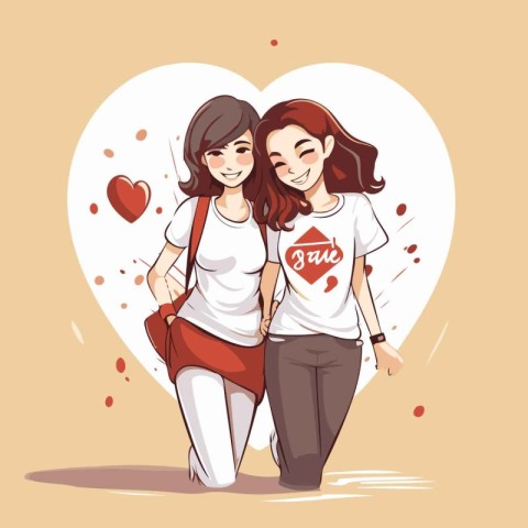 Two young beautiful women in love. Valentine's day. Vector illus