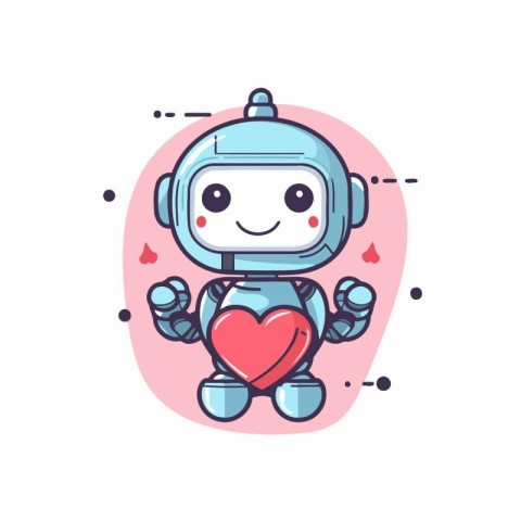 Cute little robot with heart. Vector illustration in cartoon sty