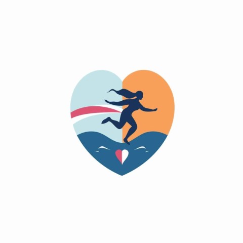 Surfing heart shape logo design template. Surfer love vector ico