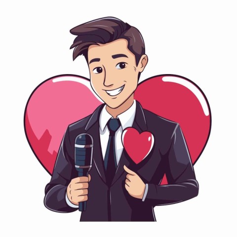 Cartoon man holding a microphone and a heart. Vector illustratio