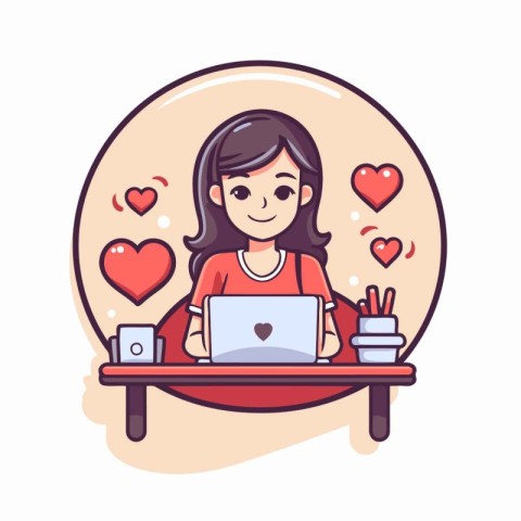 Cute girl using laptop at home. Vector illustration in cartoon s