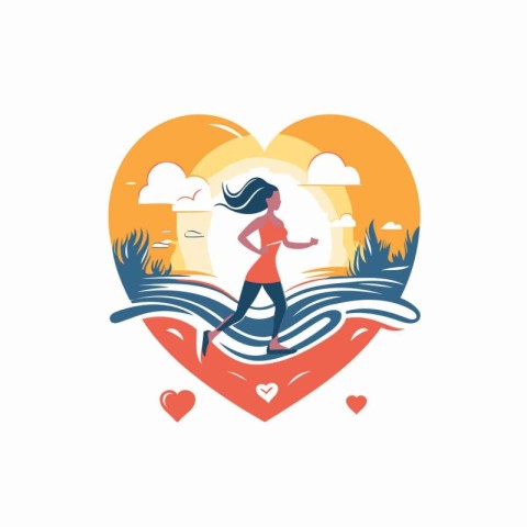 Woman running in the heart of the sea. Vector illustration on wh