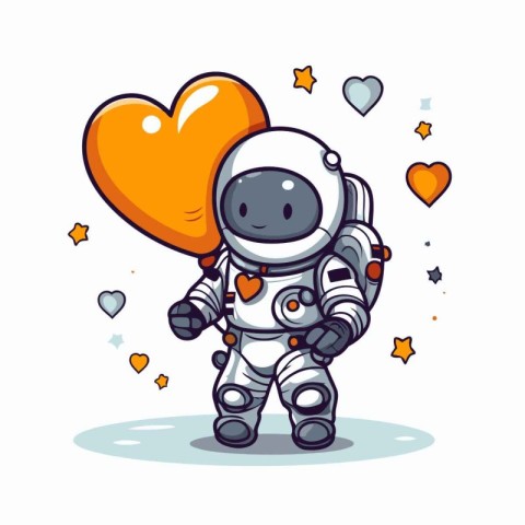 Astronaut holding heart shaped balloon. Cute cartoon vector illu