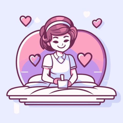 Cute cartoon girl in love with cup of coffee. Vector illustratio