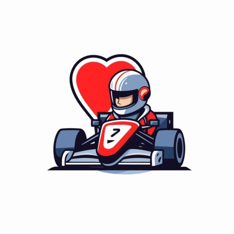 Cartoon kart driver with a red heart. Vector illustration.