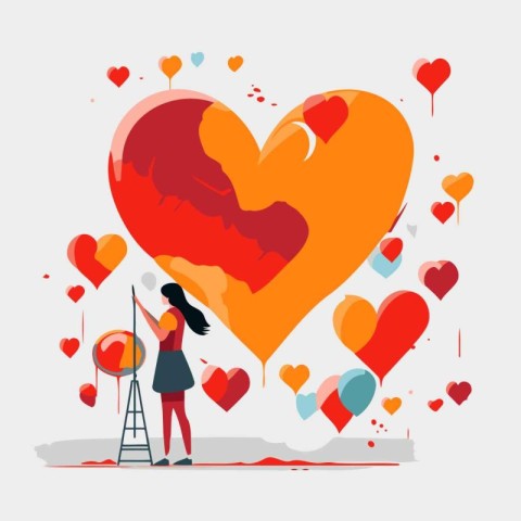 Vector illustration of a girl painting a heart on a white backgr