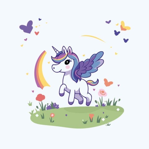 Cute cartoon unicorn with wings and rainbow in the background. V