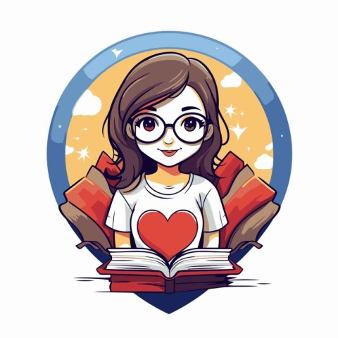 Cute cartoon girl reading a book with glasses. Vector illustrati