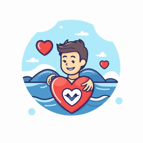 Cute boy swimming in the sea with a heart. Vector illustration.